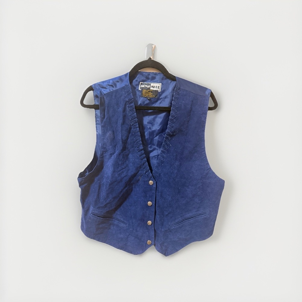 MONA MODE women's  Leather Blue Vest Button Accents Pockets Size L